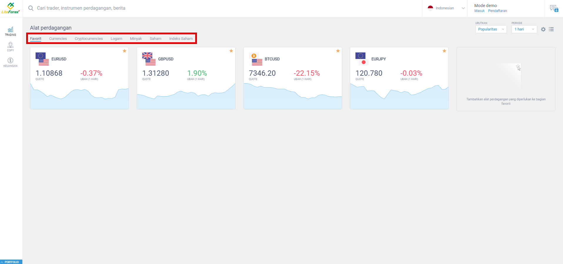 LiteFinance: 1. Halaman utama ("Trade")