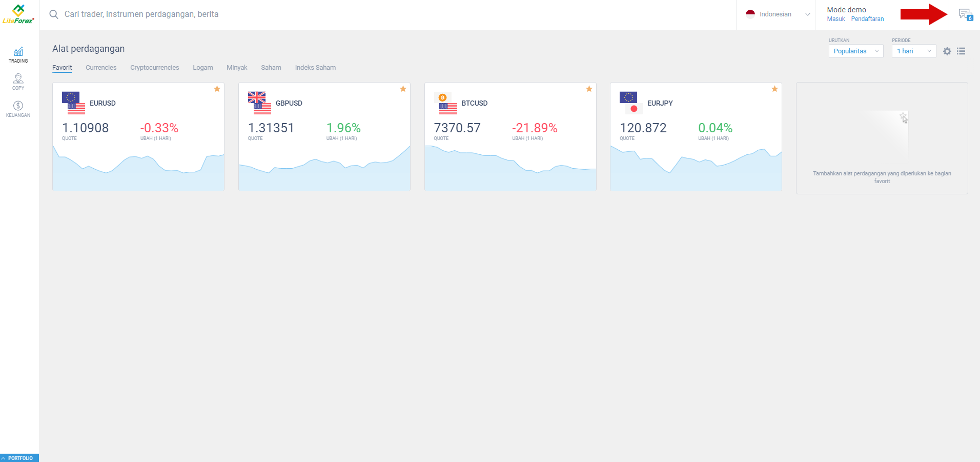 LiteFinance: 1. Halaman utama ("Trade")