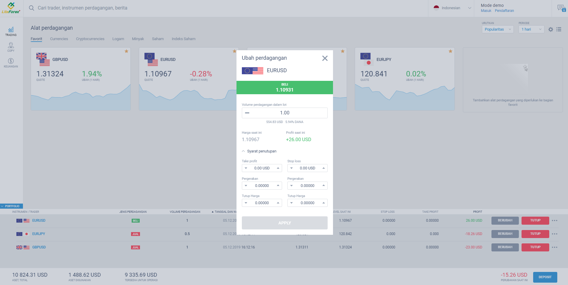 LiteFinance: 1. Halaman utama ("Trade")
