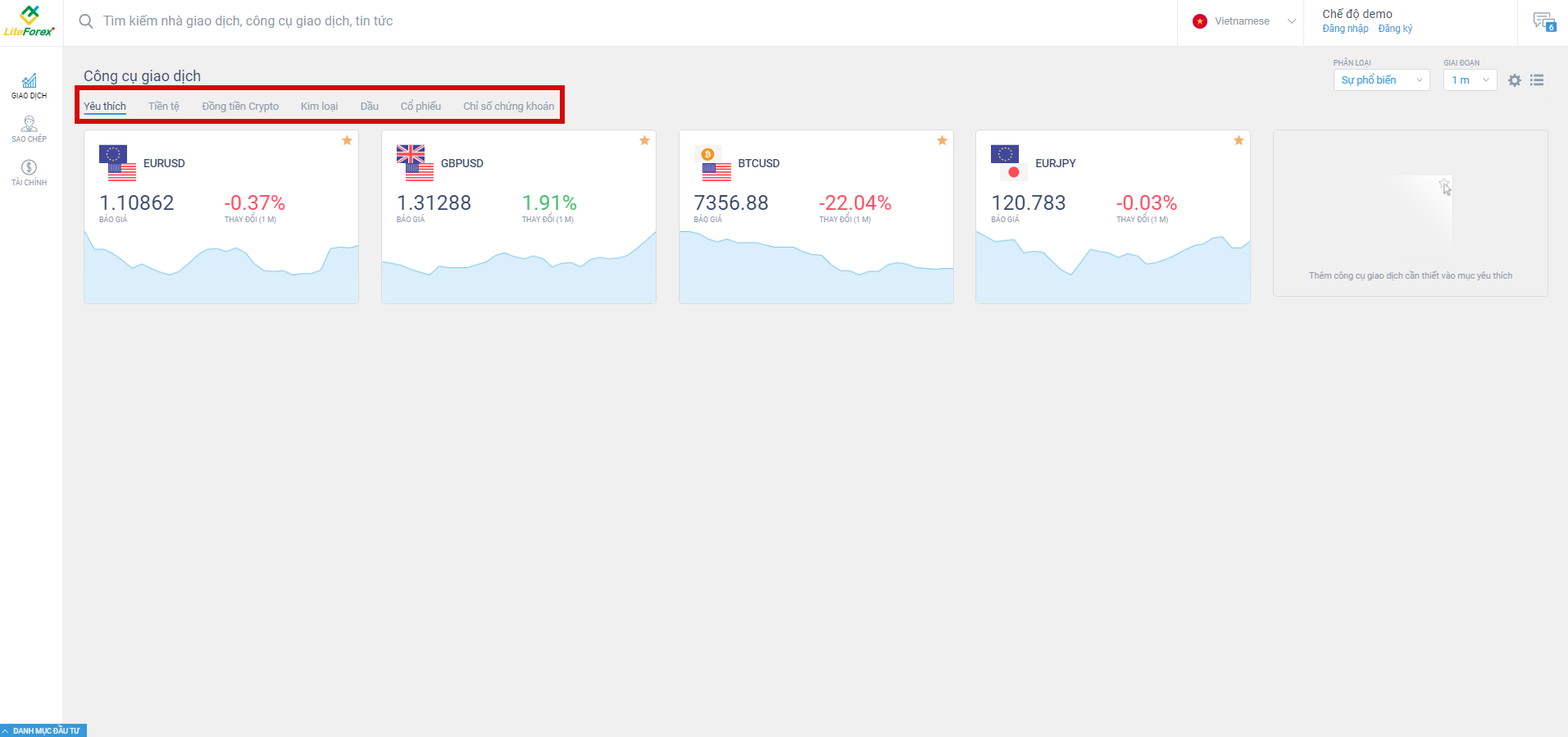LiteFinance: 1. Trang chính (“Trade”)