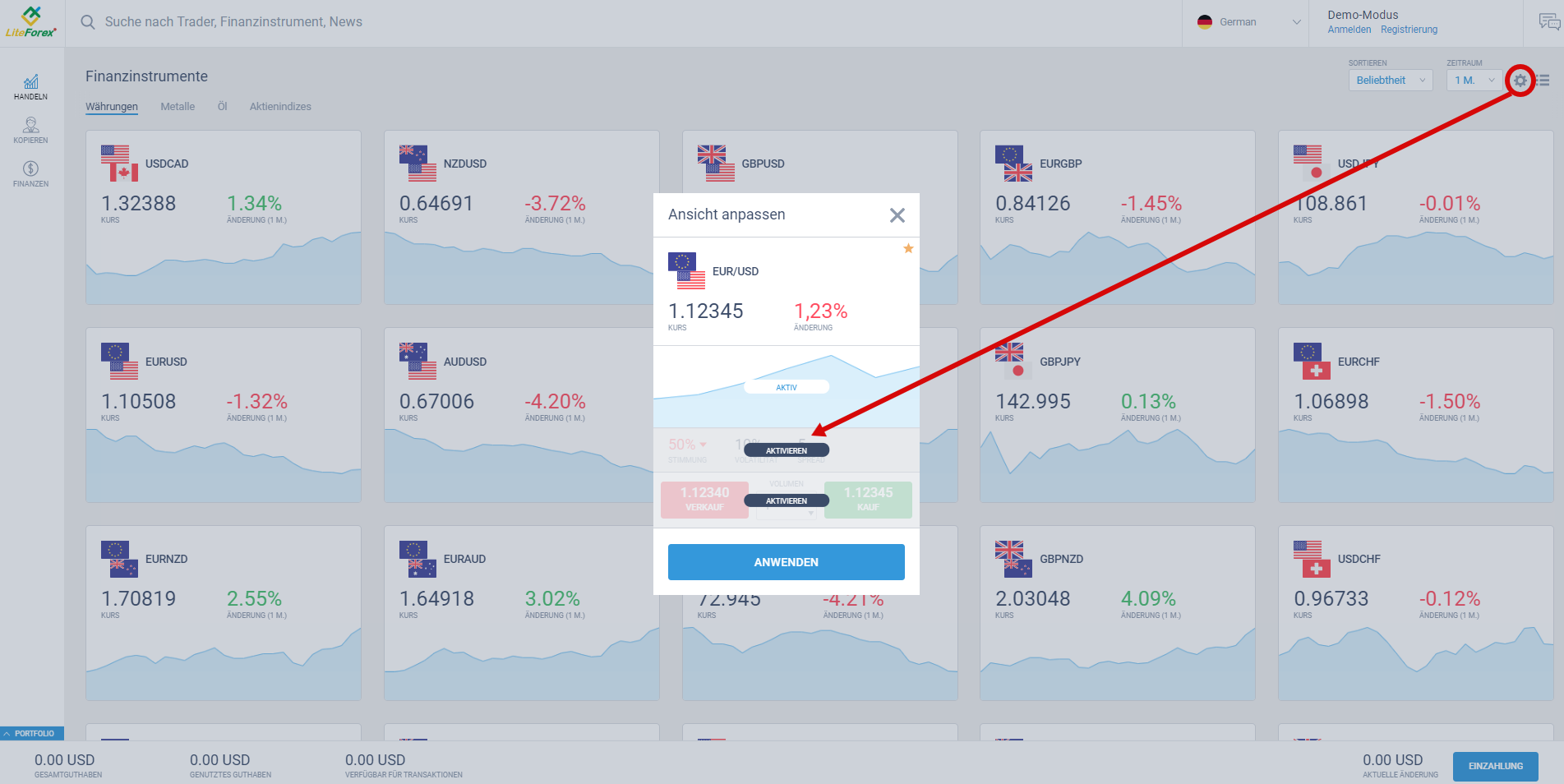LiteForex: 1. Hauptseite (“Handel”)