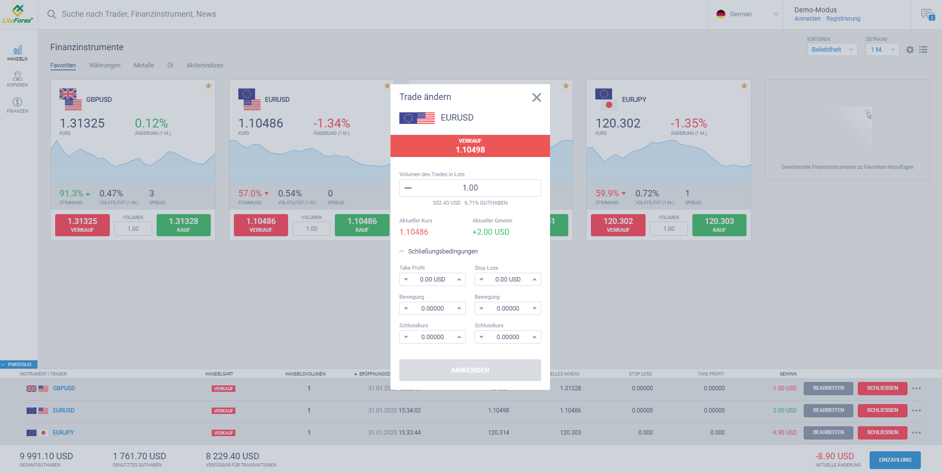 LiteForex: 1. Hauptseite (“Handel”)