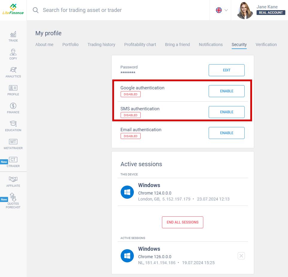 LiteForex: Zwei-Faktor-Authentifizierung